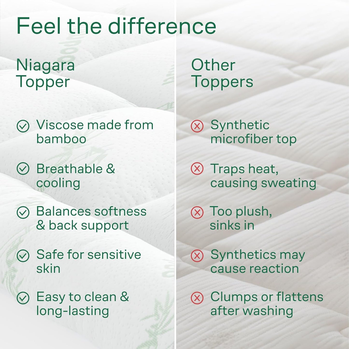 Niagara Sleep Solution Ultra Soft Queen Mattress Topper - Bamboo Pillow Top for Back Pain Relief | Naturally Cooling Green