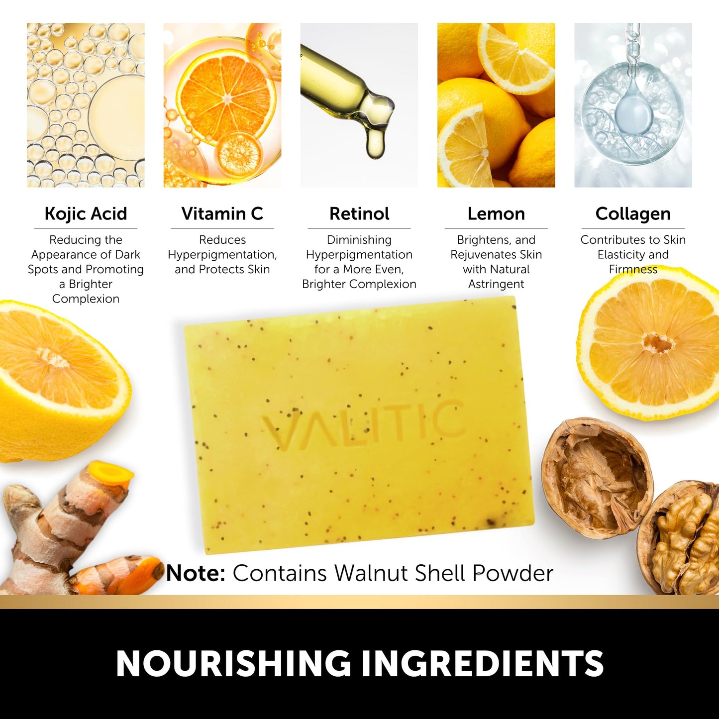 VALITIC Lemon Turmeric Soap for Dark Spots - Kojic Acid Soap for Face and Body - Exfoliating Bar for Brightening, Skin Tone Corrector with Retinol, Vitamin C, Collagen and Hyaluronic Acid - 3 Pack