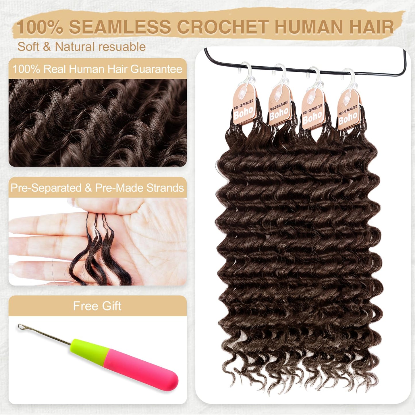 Human Crochet Hair for Black Women 14 Inch 60g Pre Separated 50 Strands Deep Wave Feather Crochet Human Hair Invisible Miracle Knots Boho Crochet Hair Human Hair Crochet Bundles(Chocolate Brown 4#)