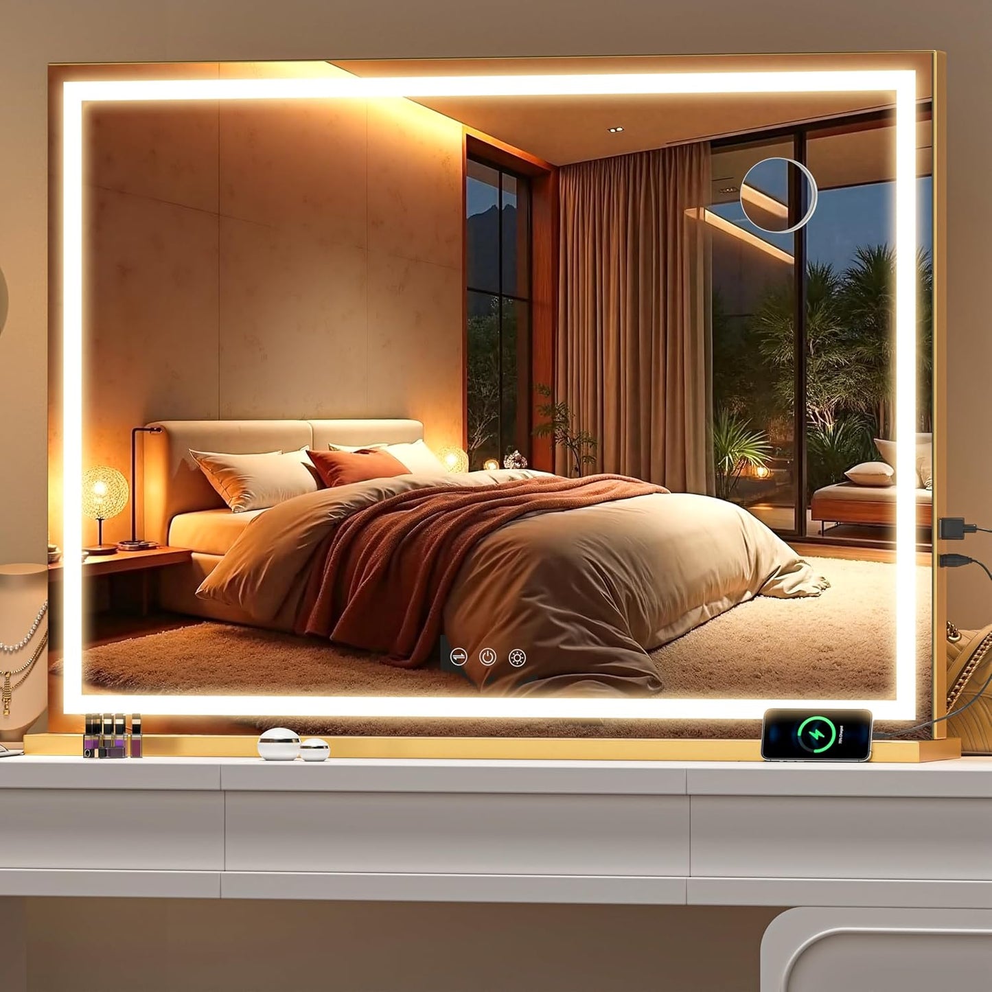 LED Makeup Mirror with Lights - 23" x 18" Dimmable Vanity Mirror | 10X Magnification, Smart Touch, USB Charging