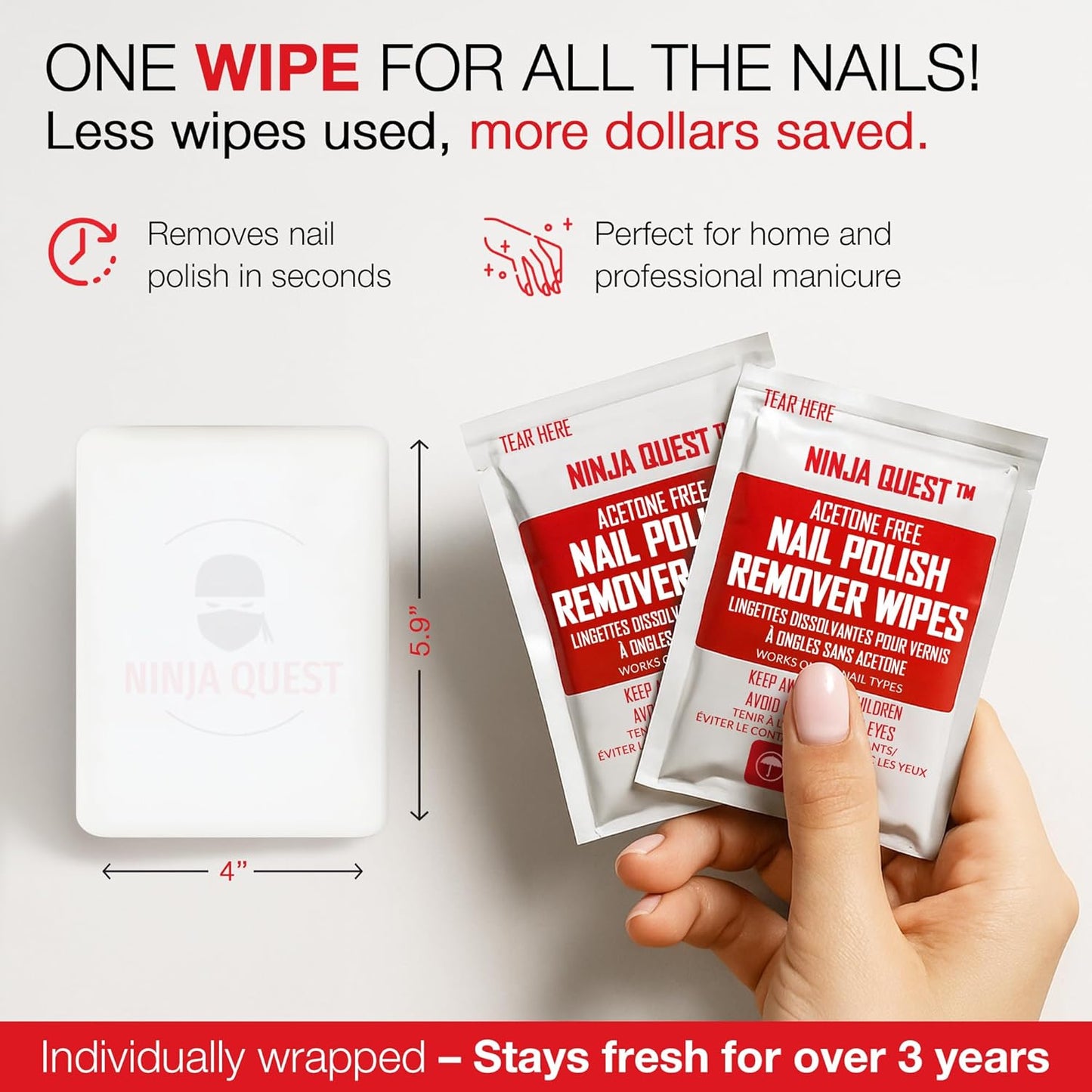 Nail Polish Remover Pads - Non-Acetone Quick Wipes for Home & Travel | 50 Individually Wrapped Pack