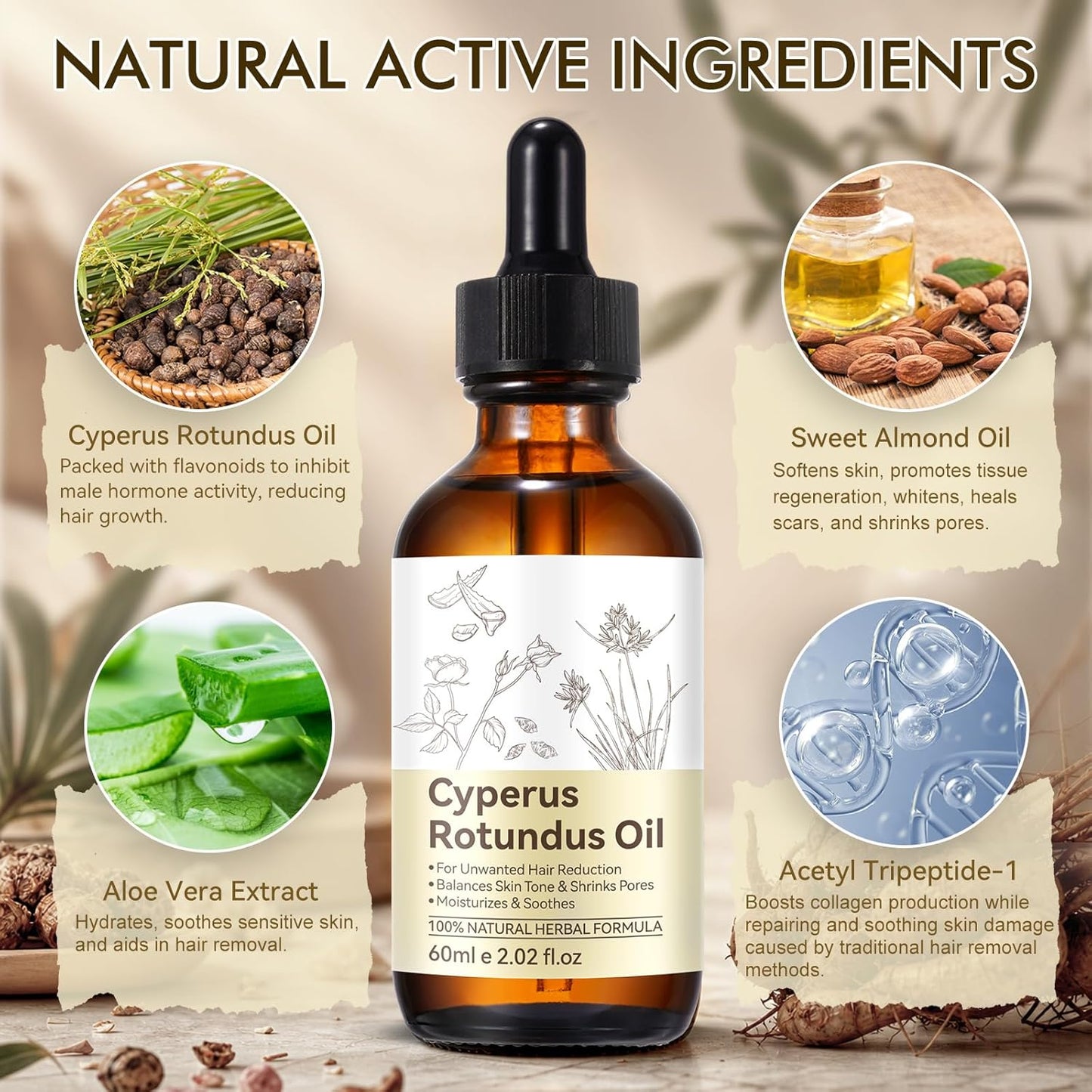 Cyperus Rotundus Oil - Natural Hair Removal Oil for Reducing Body Hair Growth | 2.02 Fl Oz
