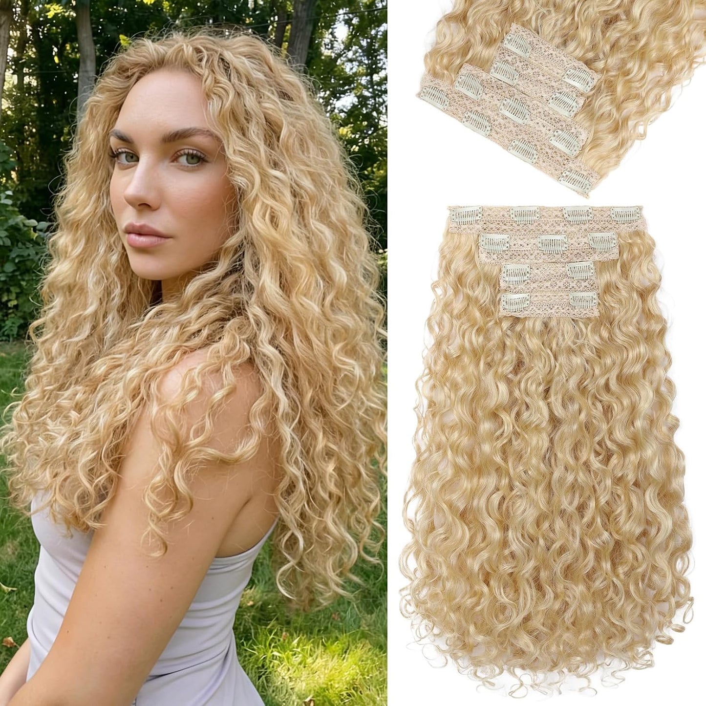 Curly Hair Extensions - 4PCS 18" GoGo Curly Clip-Ins | 100% Protein Hairpieces, Honey Blonde Highlights