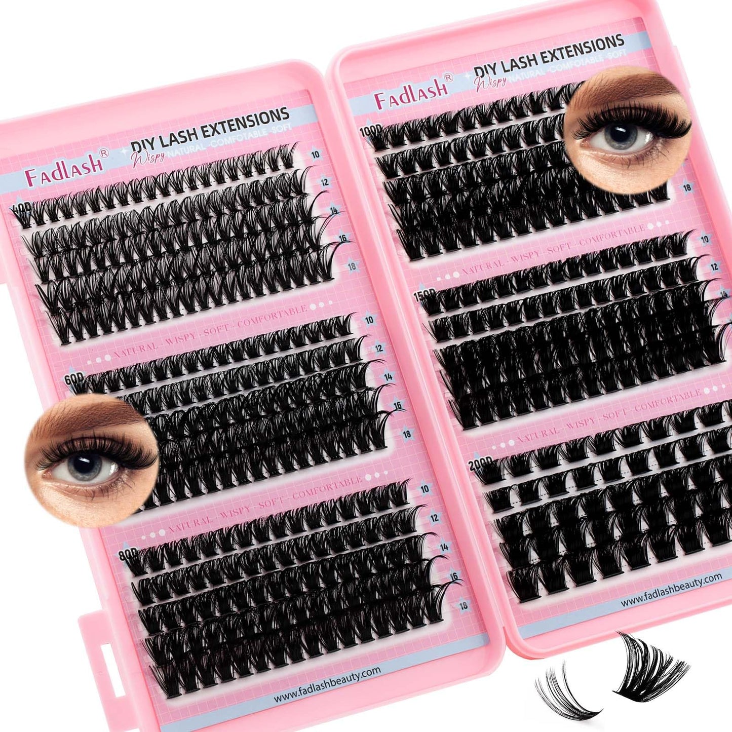 Lash Clusters Eyelash Extensions 40D+60D+80D+100D+150D+200D D Curl Fluffy Eyelash Clusters 10-18mm Natural Wispy Cluster Eyelash DIY Individual Lashes Extensions for Beginners by FADLASH