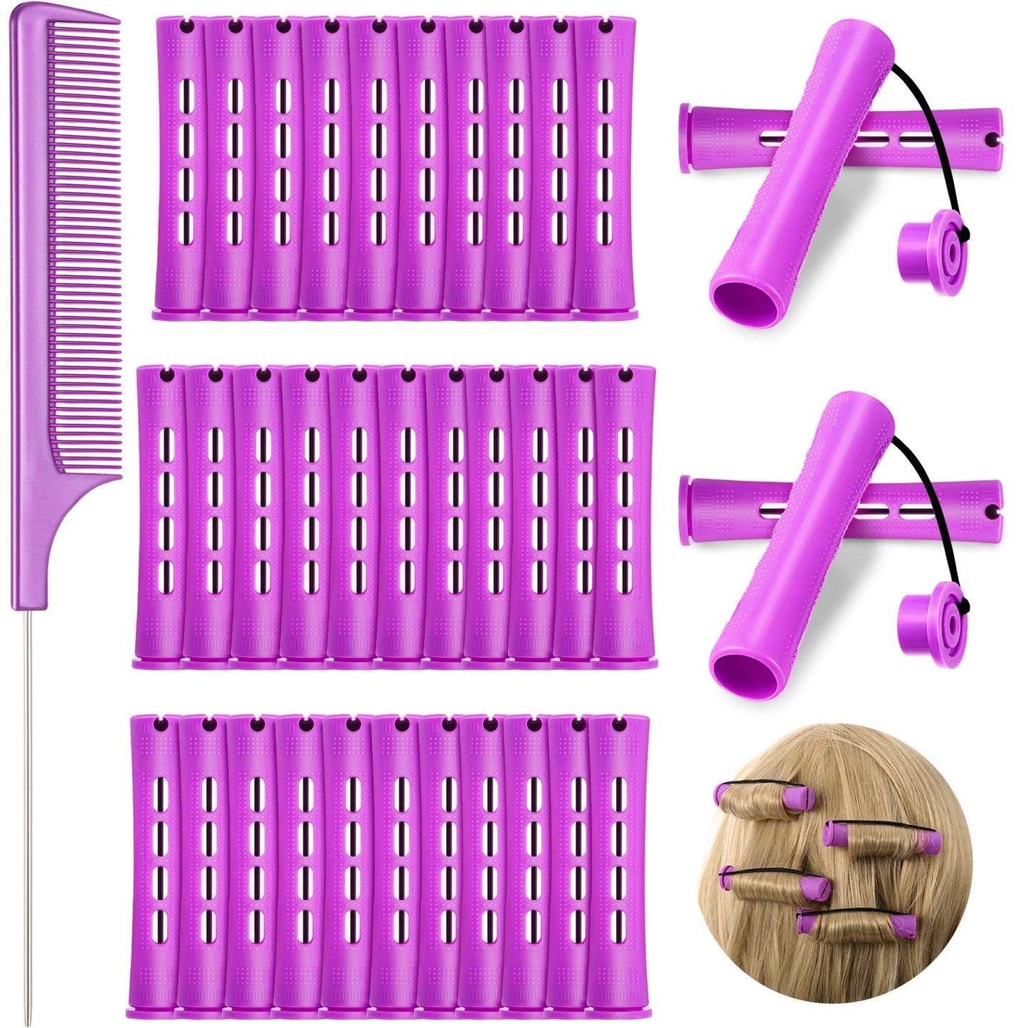 WILLBOND Cold Wave Rods - 36 Hair Perm Rollers with Steel Rat Tail Comb for Styling