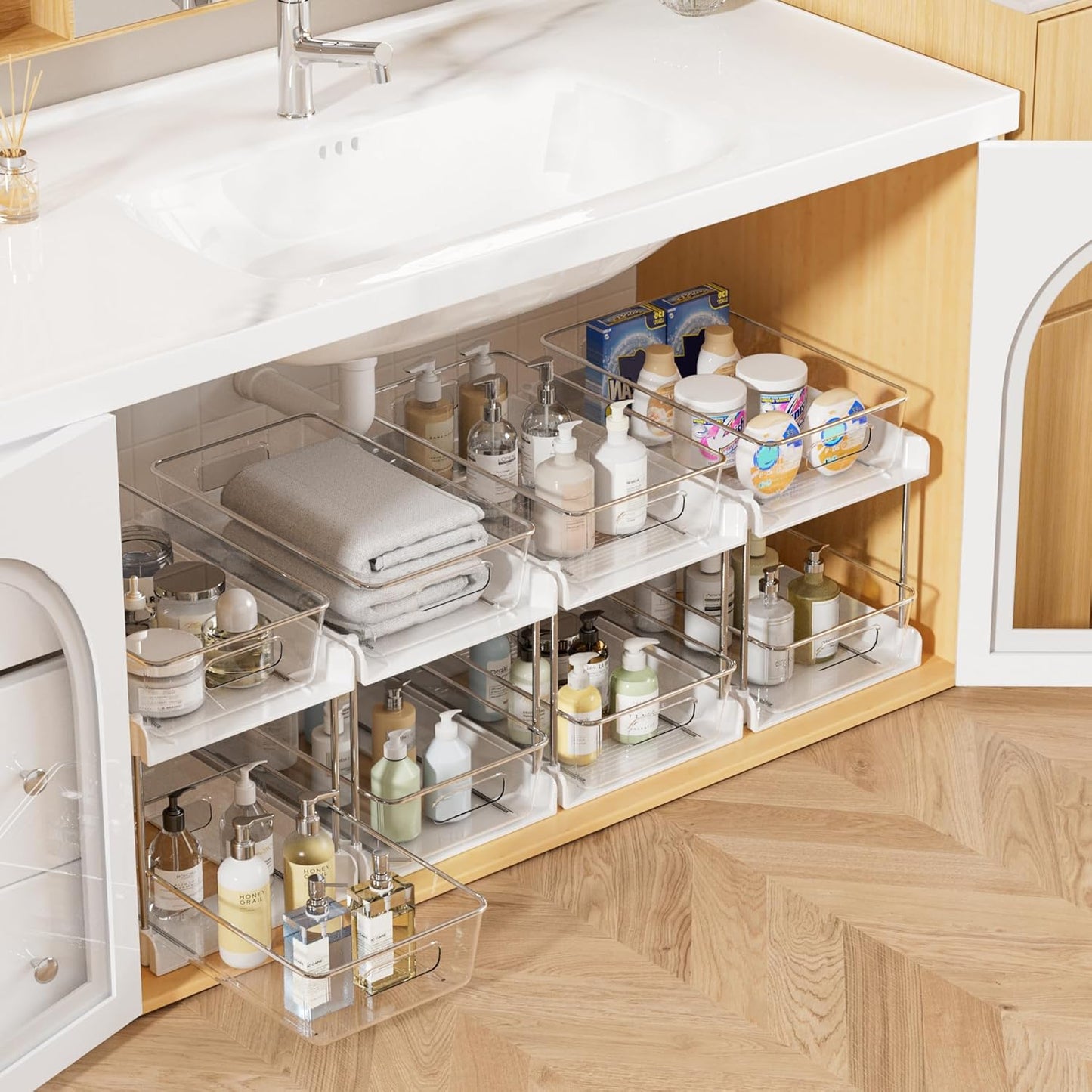 4 Pack Bathroom Organizer - 2 Tier Clear Under Sink Storage Bins | Vanity Countertop & Cabinet Drawers