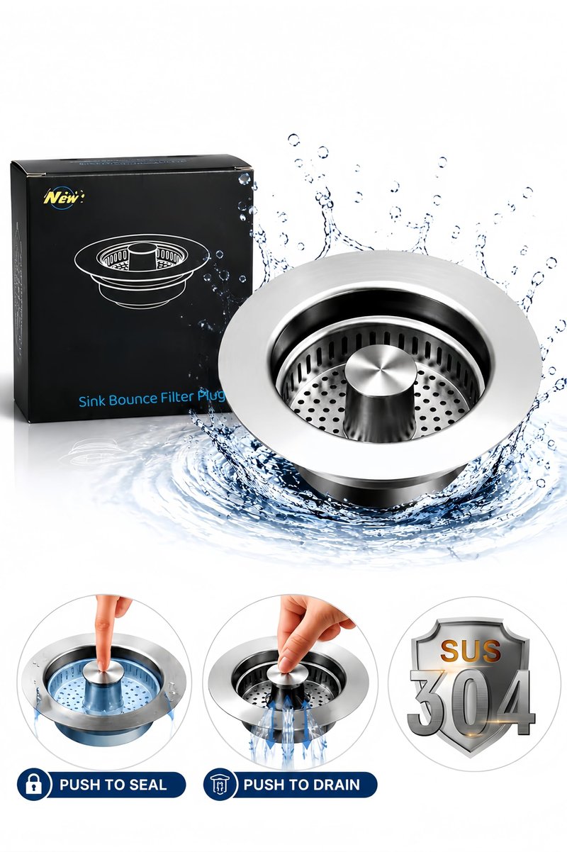 Makeforu 1PC 3-in-1 Kitchen Sink Strainer Stopper Combo Stainless Steel Wrap Around Sink Downspout for US Standard 3-1/2 inch Sewer Strainer, Smooth Handle for Easy Cleaning, Anti-Clogging