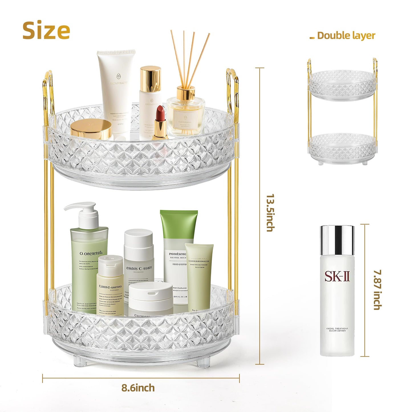 LAREKUN 360 Rotating Makeup Organizer for Vanity, 2Tier Adjustable Perfume Organizer for Dresser, Multi-Function Spinning Cosmetics Skincare Storage for Bedroom, Dresser, Countertop, Clear