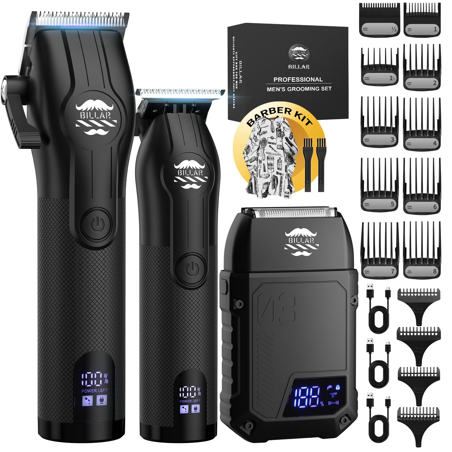 BILLAR® Cordless Barber Kit, Professional Hair Clipper Set with Trimmer and Foil Shaver, Rechargeable Haircut Grooming Tools for Men Barbers, Blackk