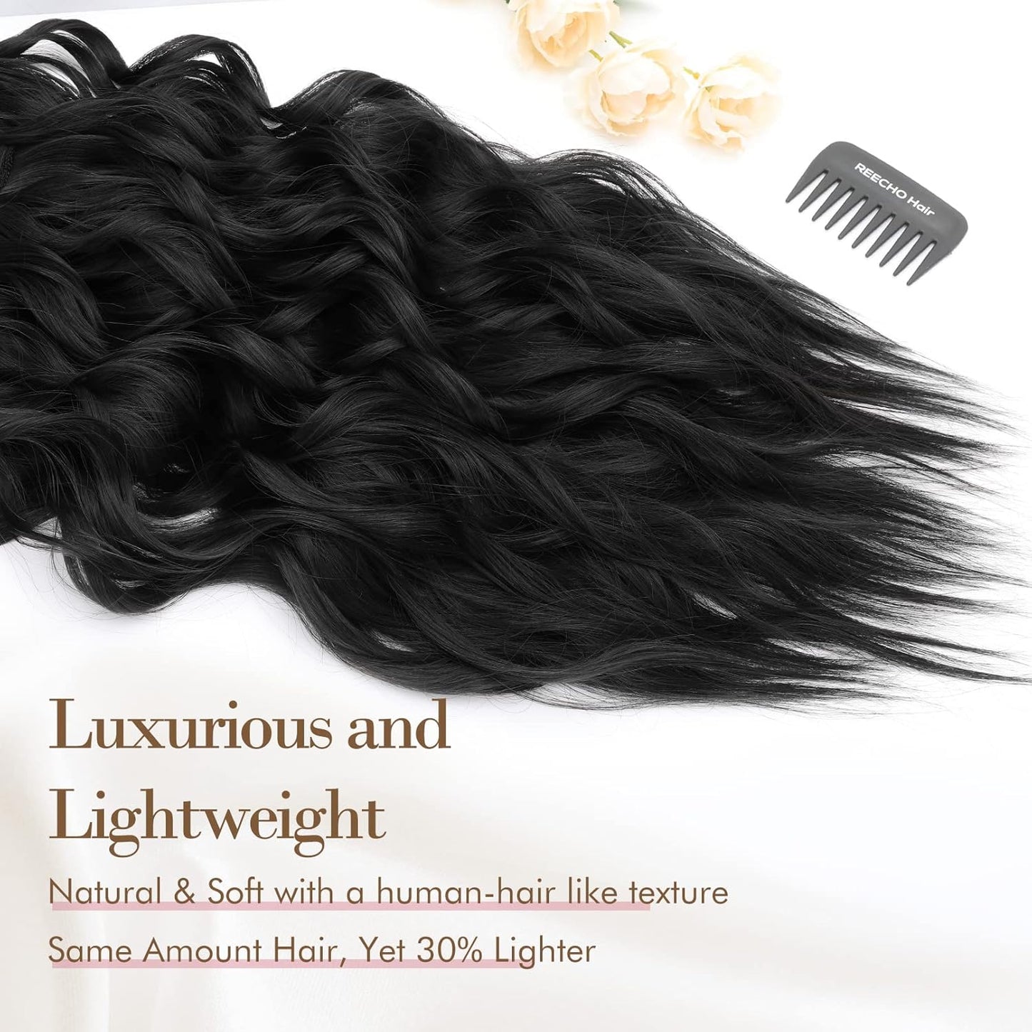 REECHO Clip-In Hair Extensions - 4PCS Natural Soft Synthetic Hairpieces for Women | Black