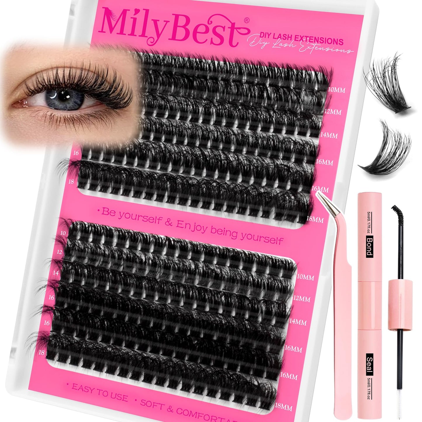 MilyBest Lash Clusters Kit 60D 80D Fluff Cluster Eyelash Extensions 10-18mm Individual Lashes Clusters D Curl Lash Extension Kit, Waterproof Thick Volume Eyelash Clusters with Bond & Seal, Tweezers
