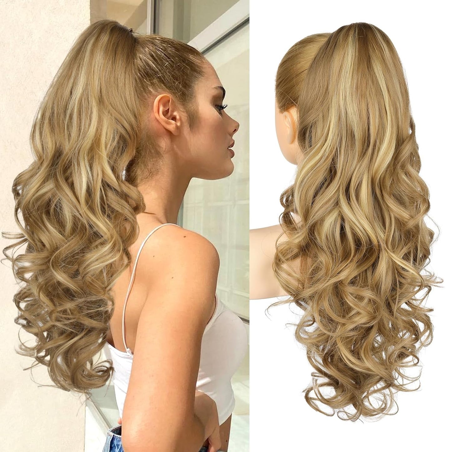 Ponytail Extension - 24" Claw Clip In Long Curly Wavy Hairpiece | Medium Blonde with Highlights