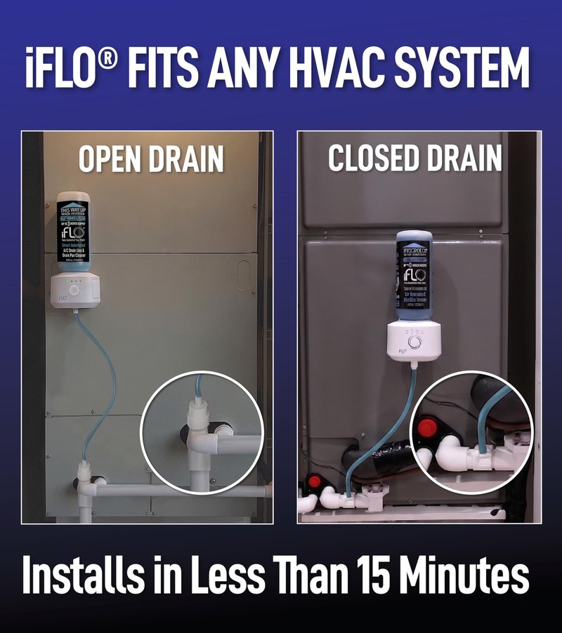 iFLO® Smart A/C Drain Line and Drain Pan Cleaner for HVAC System, Clog-Free, Easy Installation & App-Controlled Air Conditioner Maintenance, Includes 36oz Cleaner Cartridge Concentrate, 6 Month Supply