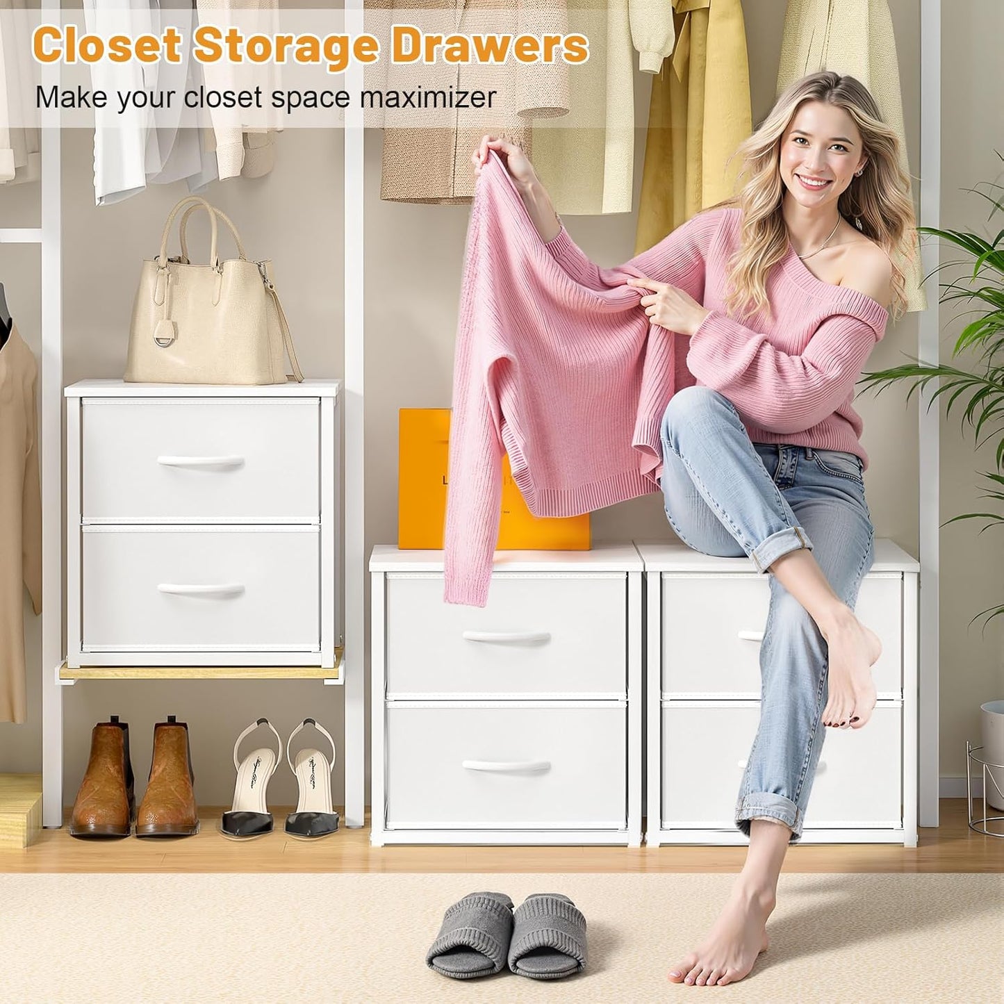Stackable Storage Drawers - White Closet Organizer with Wooden Top & Metal Frame | Versatile Dresser for Bedroom & Living Room