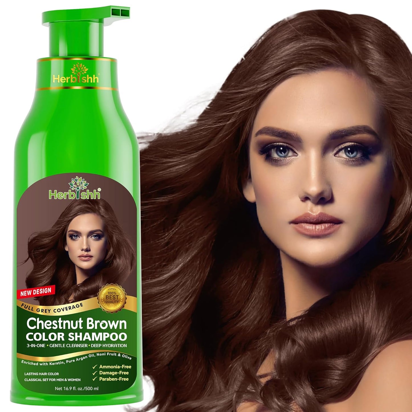 Herbishh Hair Color Shampoo for Gray Hair - Ammonia-Free Magic Dye | Long-Lasting Dark Brown - 500ml