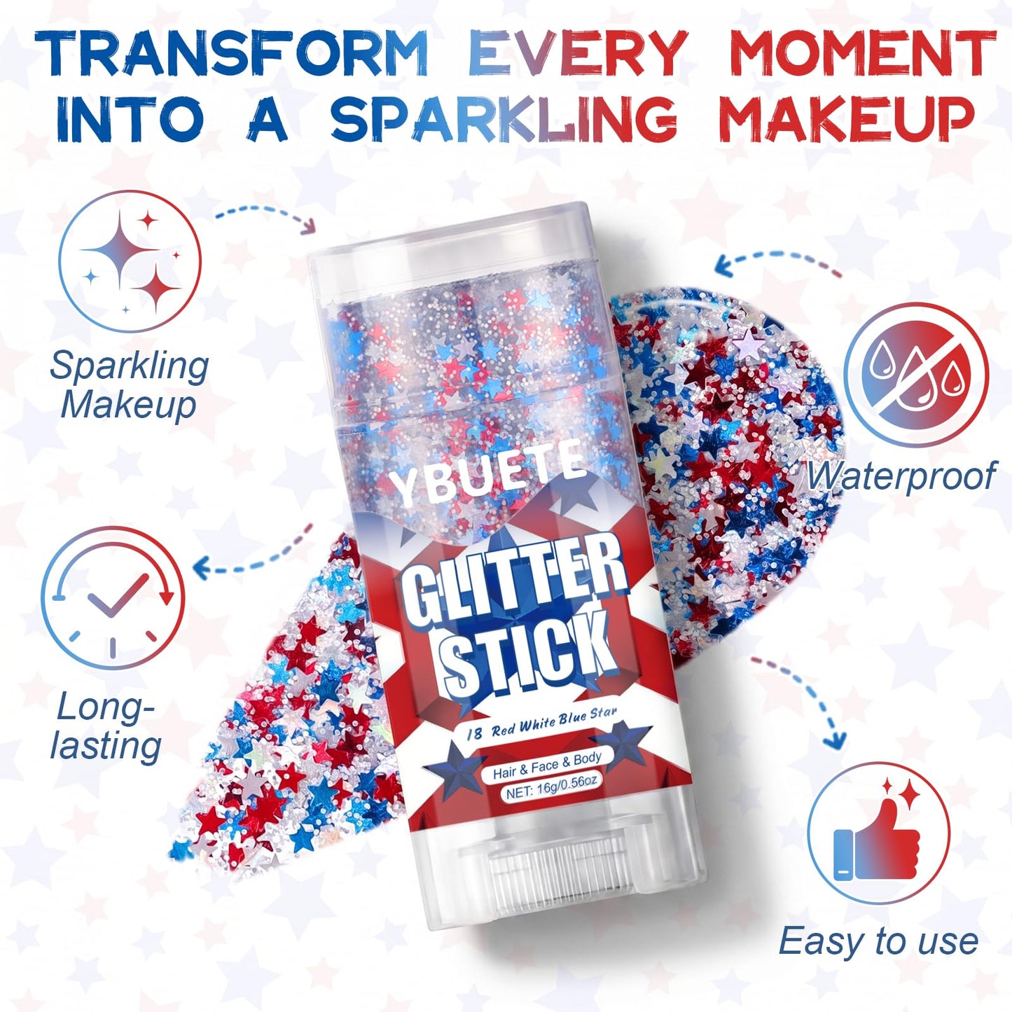 YBUETE Red White Blue Star Face Body Glitter Stick, 4th of July Glitter, Patriotic Makeup USA Flag Accessory for Independence Day, Memorial Day, Veterans Day, Sparkling Makeup for Adult