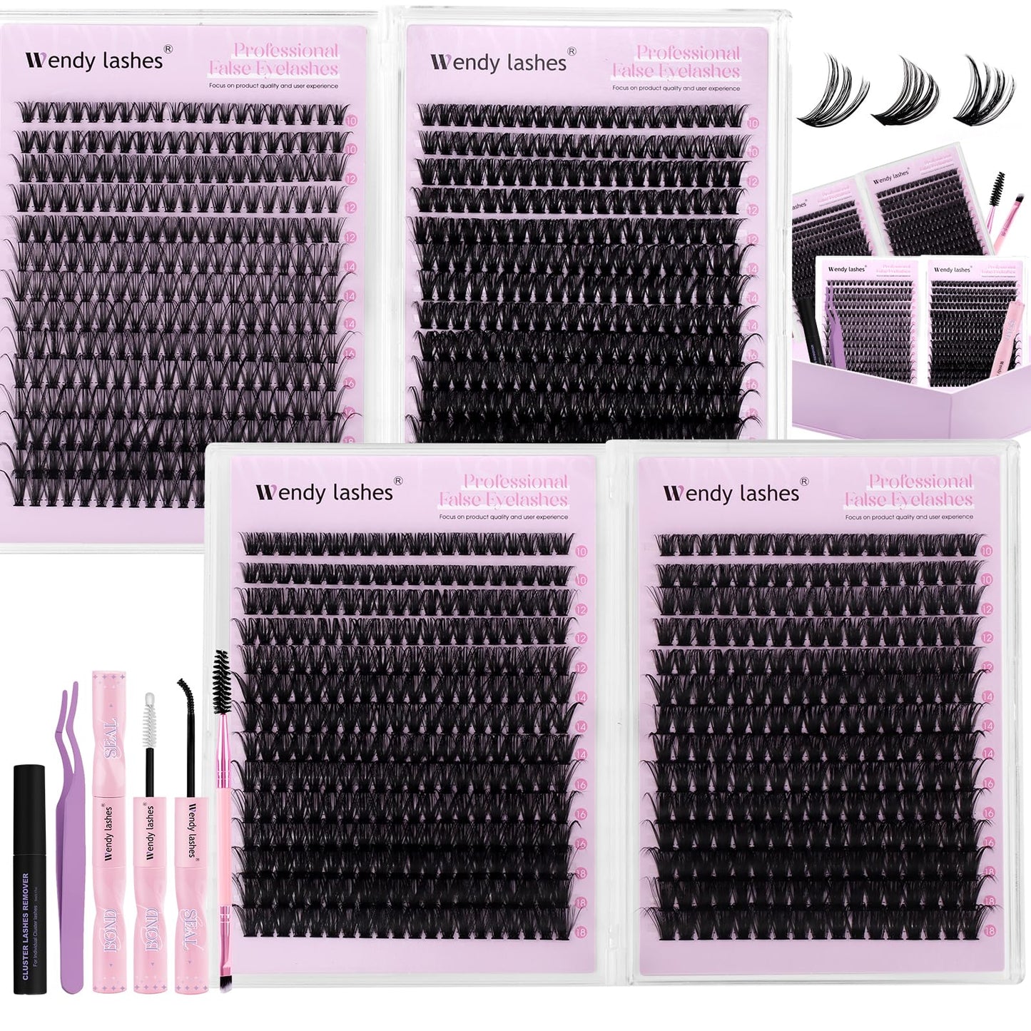 Natural Lash Clusters Kit Packs: Wendy, 1078Pcs, 40D, 60D, 60D, 80D, D Curl, 10-18mm Mixed, Soft, Cat Eye, DIY Eyelash, Individual, Fake Lashes, Bulk Pack