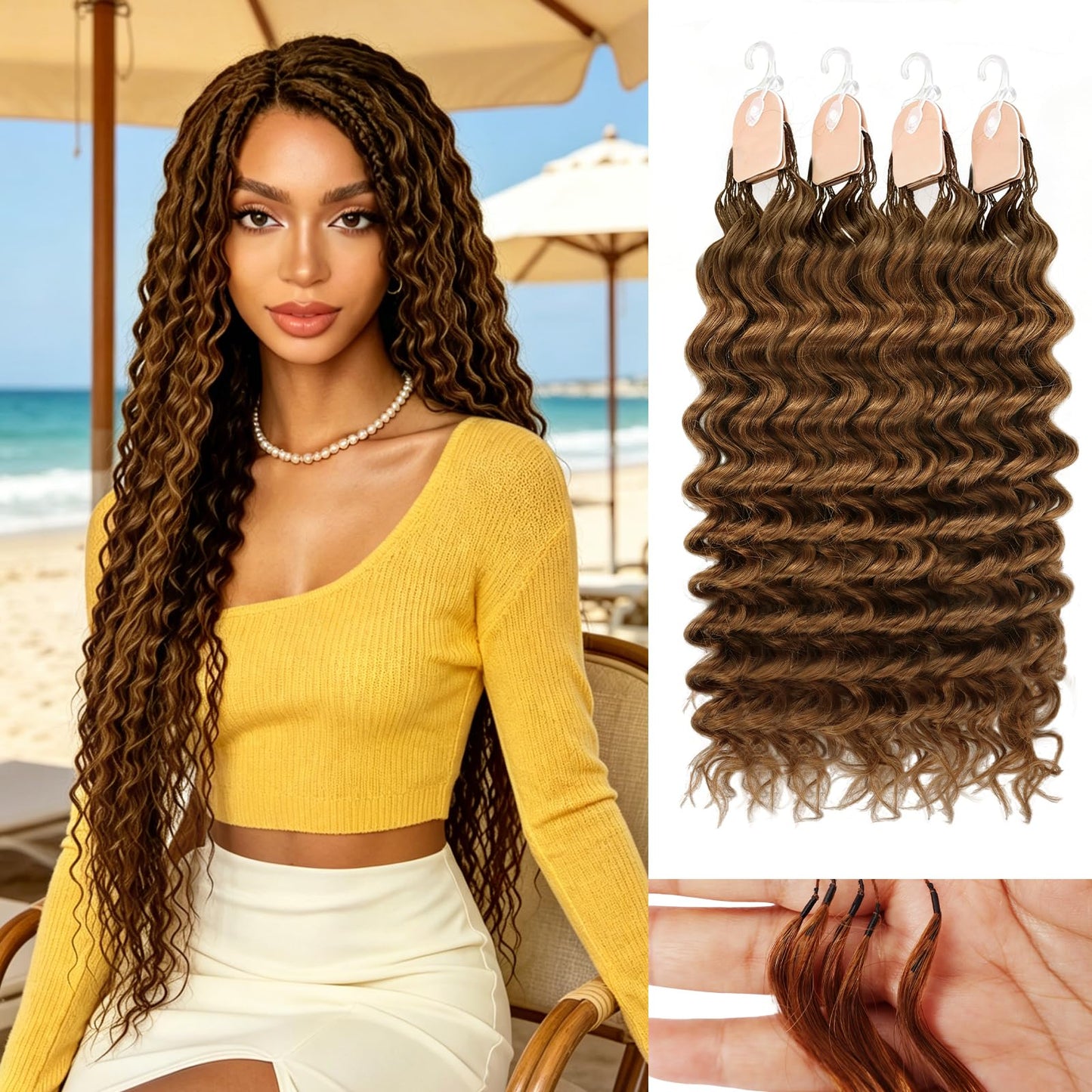 Human Crochet Hair for Black Women 18inch 120g Pre Separated 100 Strands Deep Wave Feather Crochet Human Hair Extensions 30# Invisible Miracle Knots Boho Crochet Hair Human Hair Crochet Bundles