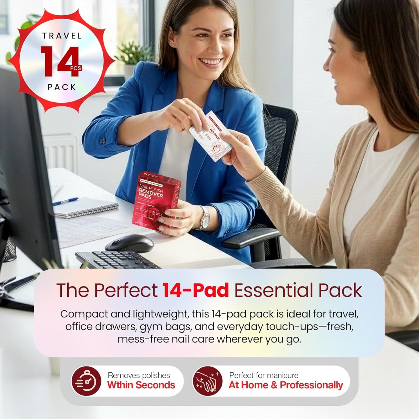 Nail Polish Remover Pads - 14 Non-Acetone Wipes for Gentle Touch-Ups | Travel Size, Individually Wrapped