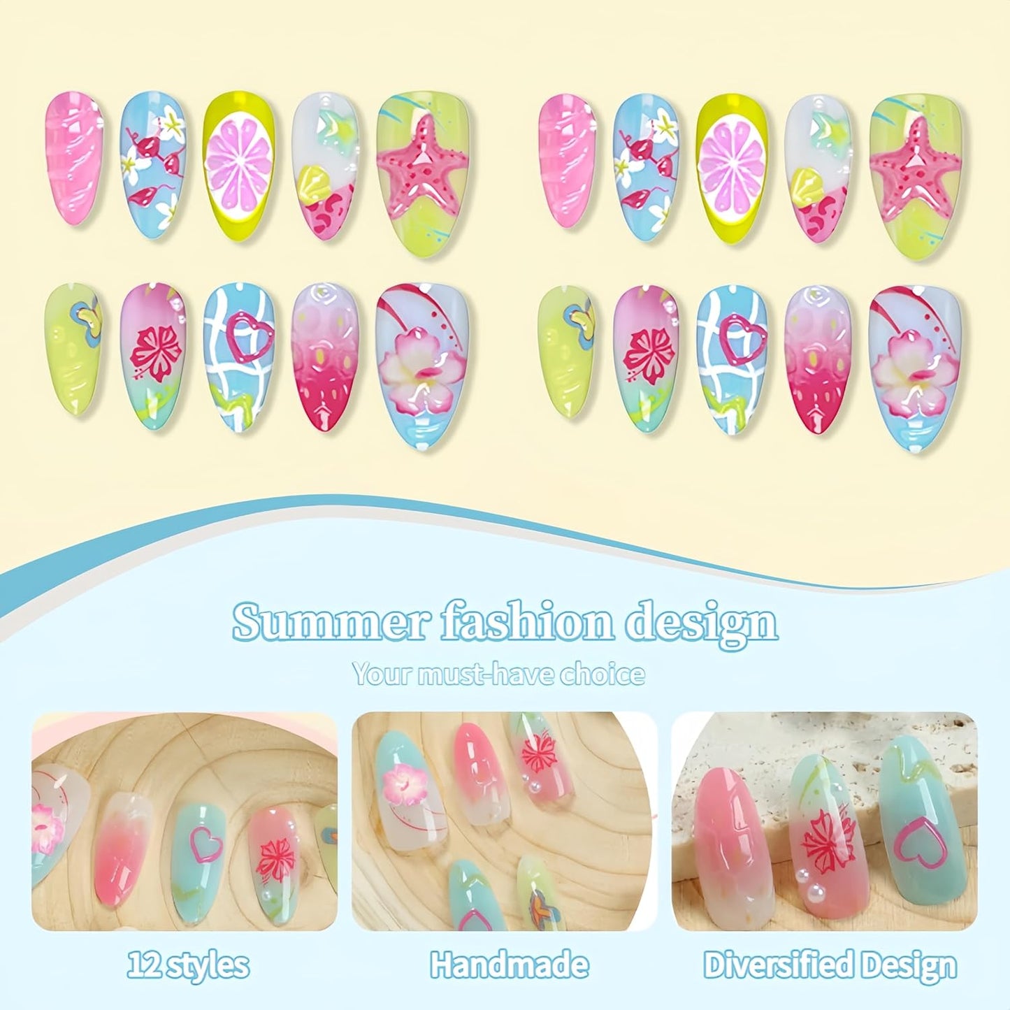 3D Handmade Press-On Nails - Summer Starfish & Flower Design | Medium Almond Full Cover Set