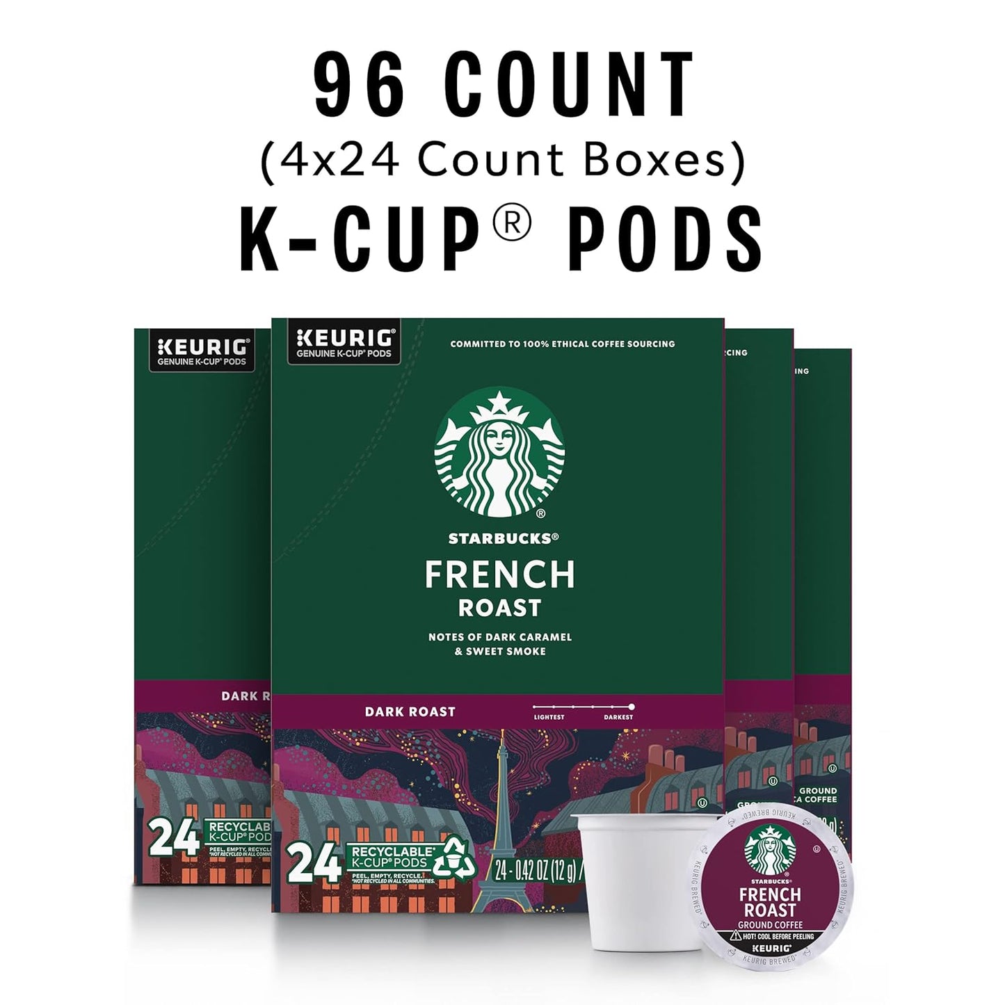 Starbucks K-Cup Coffee Pods - Dark Roast French Roast for Hot or Iced Coffee | 96 Count