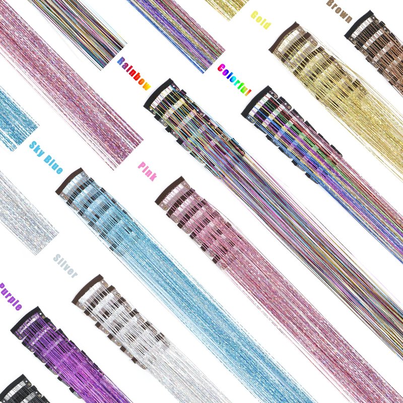 Hair Tinsel Extensions - 18 Pcs 20.5 Inch Glitter Clips | Shiny Rainbow Fairy Hair Accessories for Kids & Women