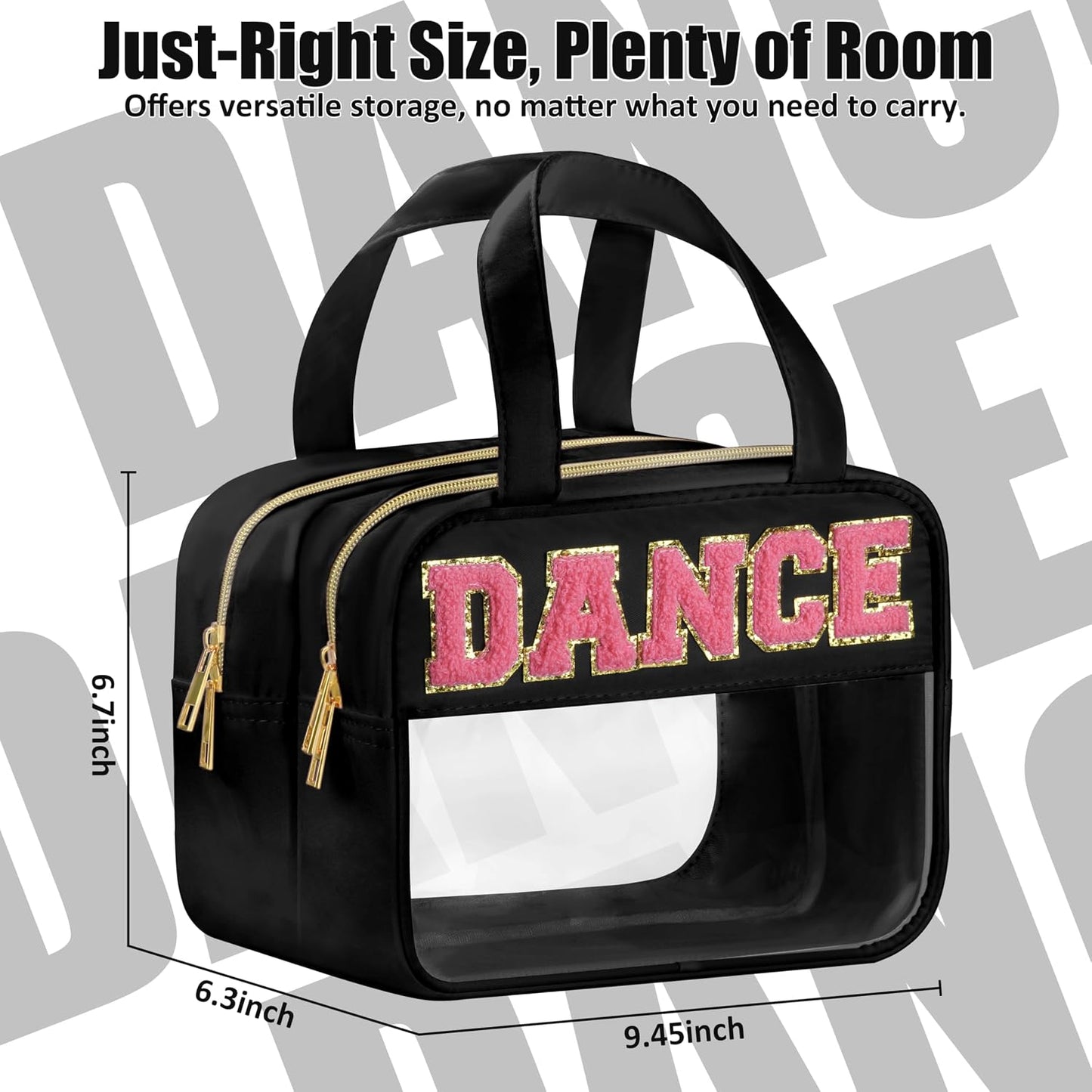 Dance Chenille Letter Bags - Clear Makeup Travel Pouch | Waterproof Nylon & PVC, Large Cosmetic Storage for Women