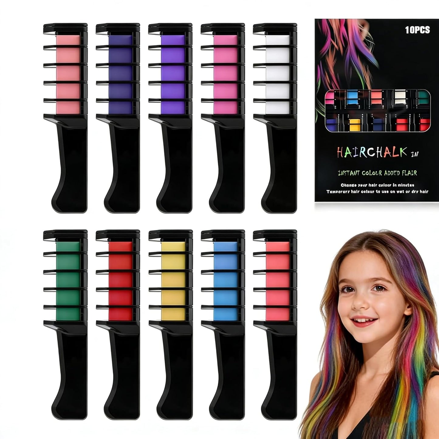 Vibrant Temporary Hair Chalk Combs - 10 Festive Colors | Washable & Quick Dry for Parties
