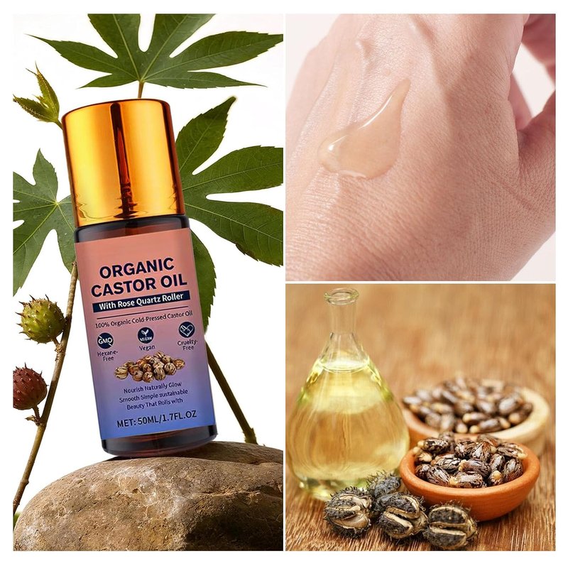 Organic Castor Oil Roll-On with Rose Quartz Roller | 100% Cold Pressed, Hexane-Free | Moisturizes Skin & Hair - 1 Piece