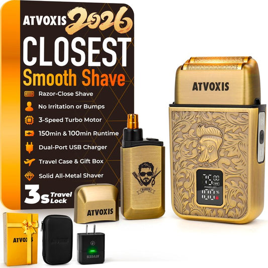 All-Metal Close Shave 3-Speed Foil Shaver for Men: 10,000 RPM Electric Nose & Ear Hair Trimmer Cordless Rechargeable USB-C Fast Charging Charger Included Travel Case (Bronze)