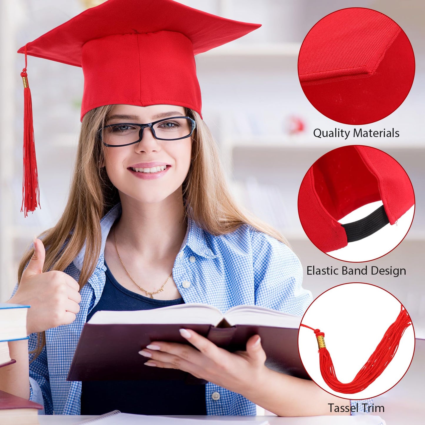 Geyoga 8 Pcs Graduation Cap Bulk Adjustable Adult Graduation Hat with Tassel for Graduate Fancy Dress Accessory Photo Props(Red)