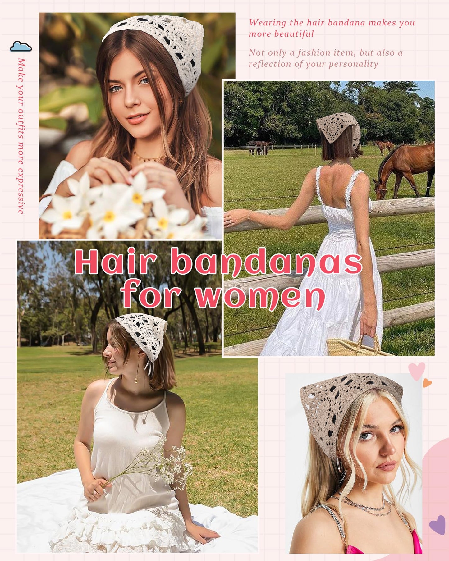 HAIMEIKANG Crochet Hair Bandanas for Women Knit Head Scarf Bandana Headband Scarf Tie-Back Floral Headscarf for Girls(White+Coffee)