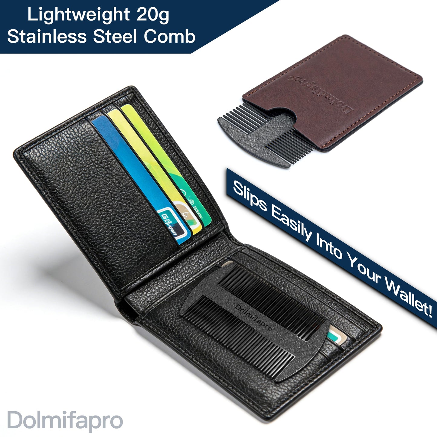 Dolmifapro 304 Stainless Steel Pocket Beard Comb for Men, Anti-Static Dual Fine Coarse Teeth Ultra-Thin Mustache Hair Grooming Comb with PU Leather Case (black)