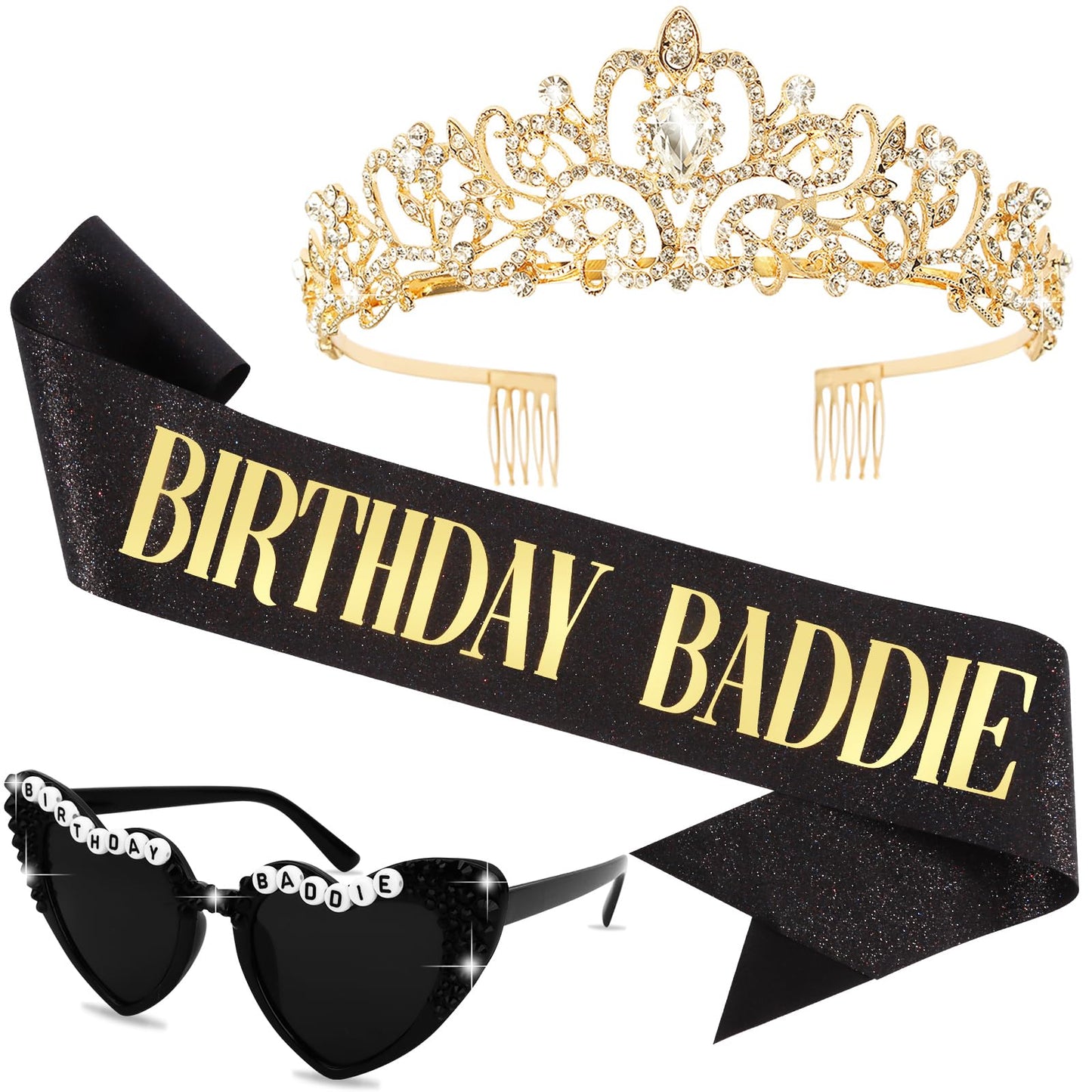 KICOSY 3PCS Birthday Baddie Sash, Crystal Crown and Sunglasses Funny Baddie Outfits Birthday Party Accessories