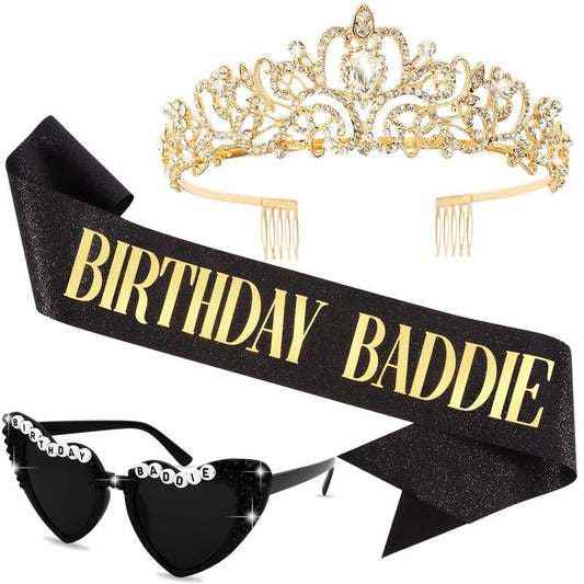 KICOSY 3PCS Birthday Baddie Sash, Crystal Crown and Sunglasses Funny Baddie Outfits Birthday Party Accessories
