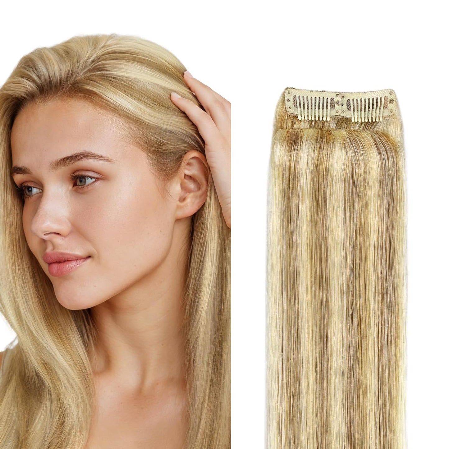 Scalp Hair Fill Ins - Clip-In Human Hair Extensions for Thinning Hair | 18-Inch Balayage 4/27/4 Chocolate Brown to Caramel Blonde, 30g, 4 Pcs