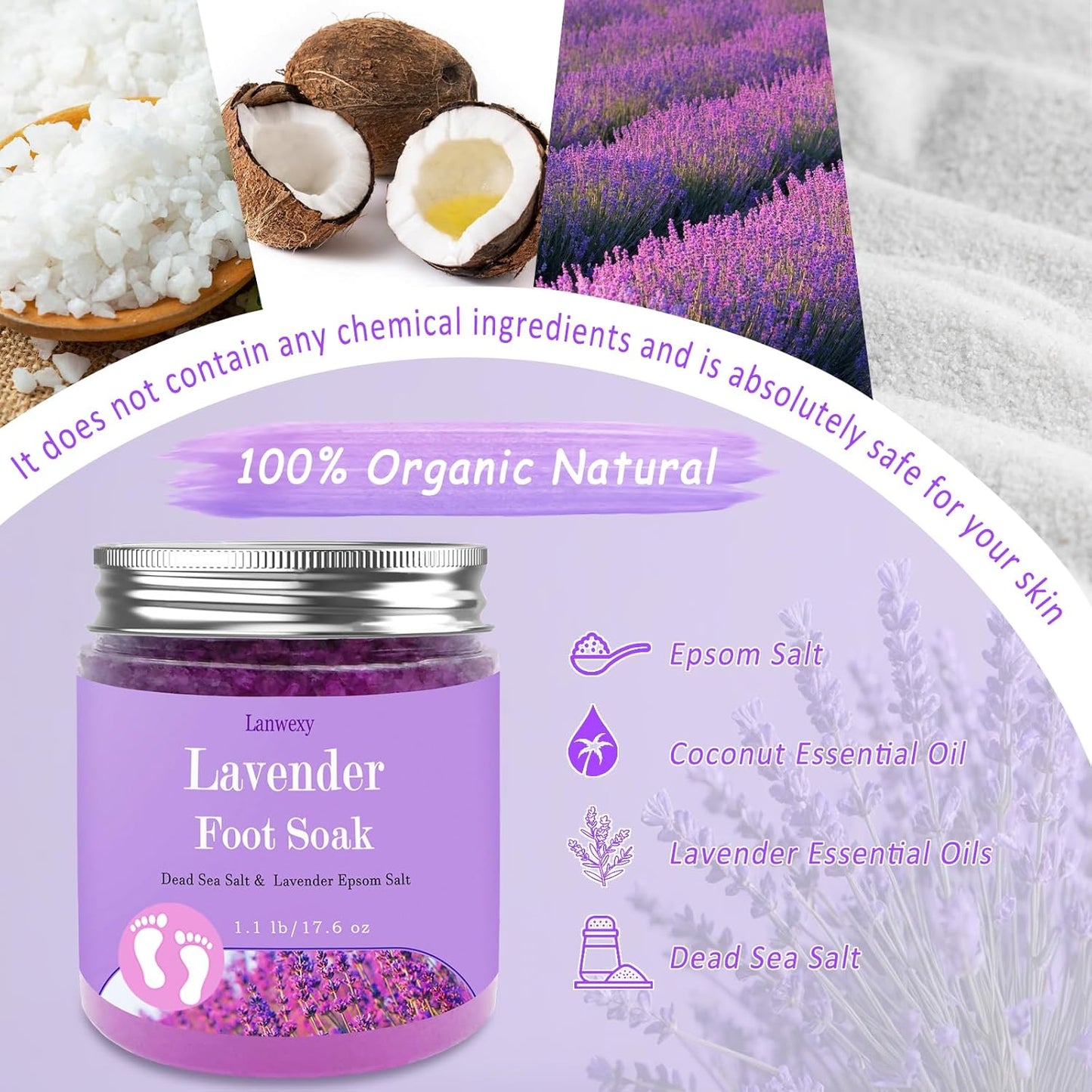 Lavender Foot Soak | Organic Epsom & Sea Salt Spa Treatment for Dry, Cracked Feet - 1.1 Lbs