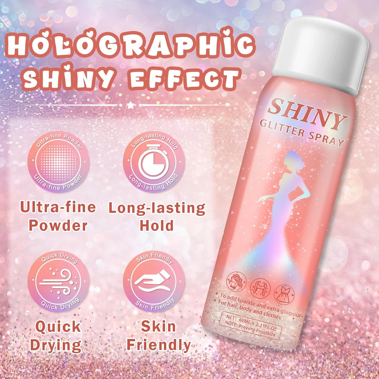 Holographic Body Glitter Spray - Long-Lasting Shimmer Hairspray for Kids & Women | Festival Party Accessory (Rainy Rainbow)