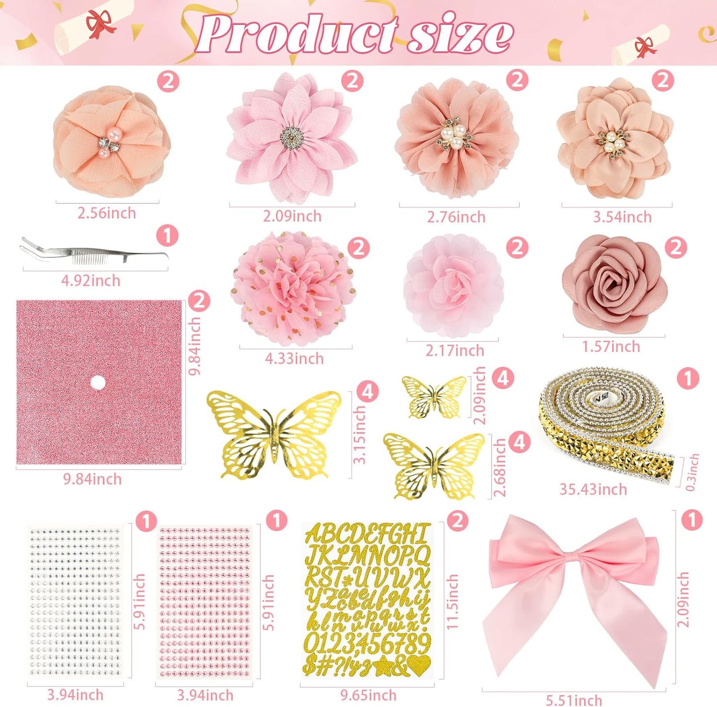 Graduation Cap Decorations Kit 2026 - DIY 36PCS Floral & Rhinestone Set | Pink 3D Butterflies & Alphabet Stickers