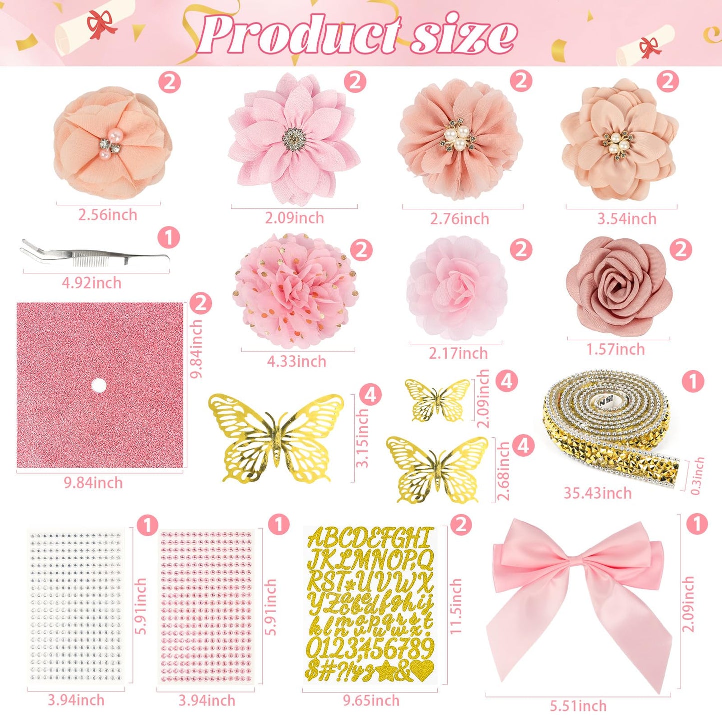 Graduation Cap Decorations Kit 2026 DIY Cap Decorations 36PCS Included Fake Flowers Heads Bow 3D Butterfly Self Adhesive Rhinestones Stickers Alphabet Letter Stickers for Grad Party Decor, Pink