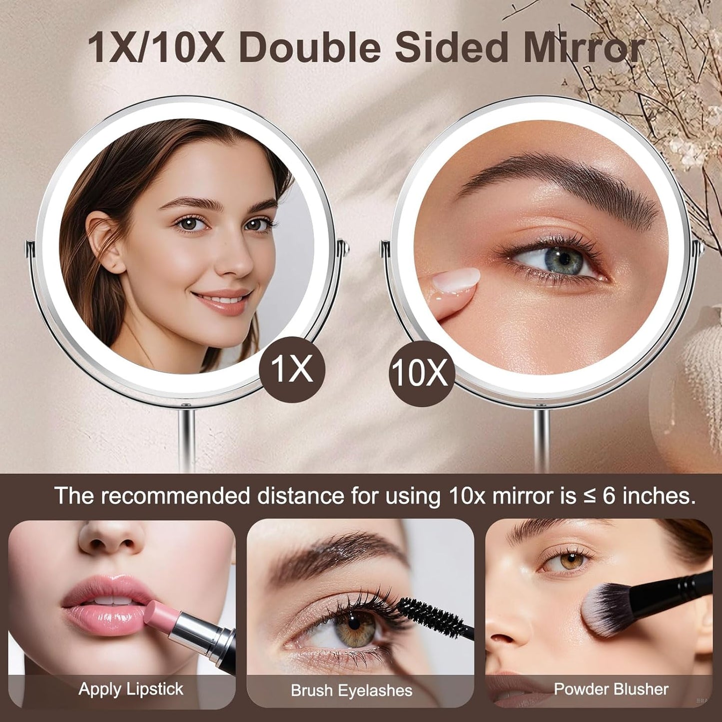 Lighted Makeup Mirror - 1x/10x Magnifying Vanity Mirror with Adjustable Brightness | 8" Round, 360° Rotation, Rechargeable