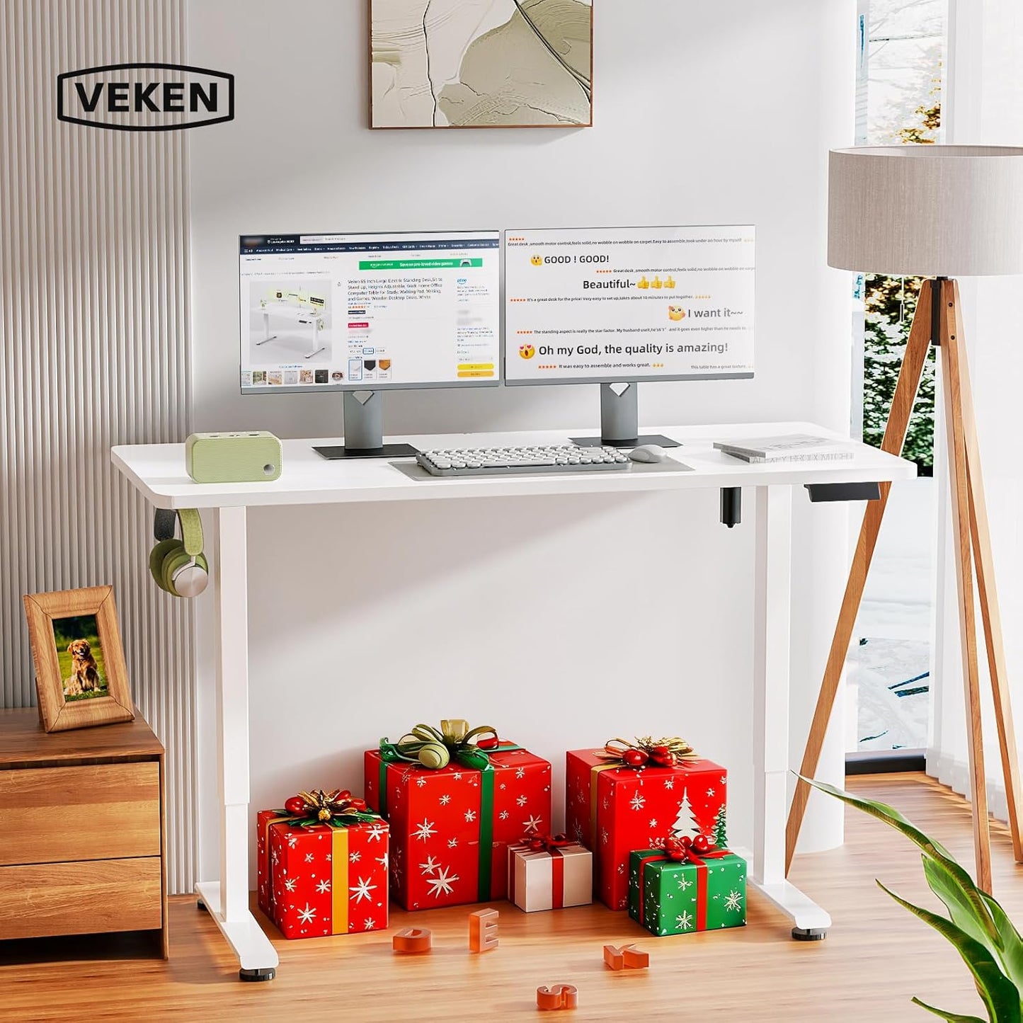 Veken Electric Standing Desk - 55 Inch Height Adjustable Home Office Table | White Wooden Desktop for Work & Study