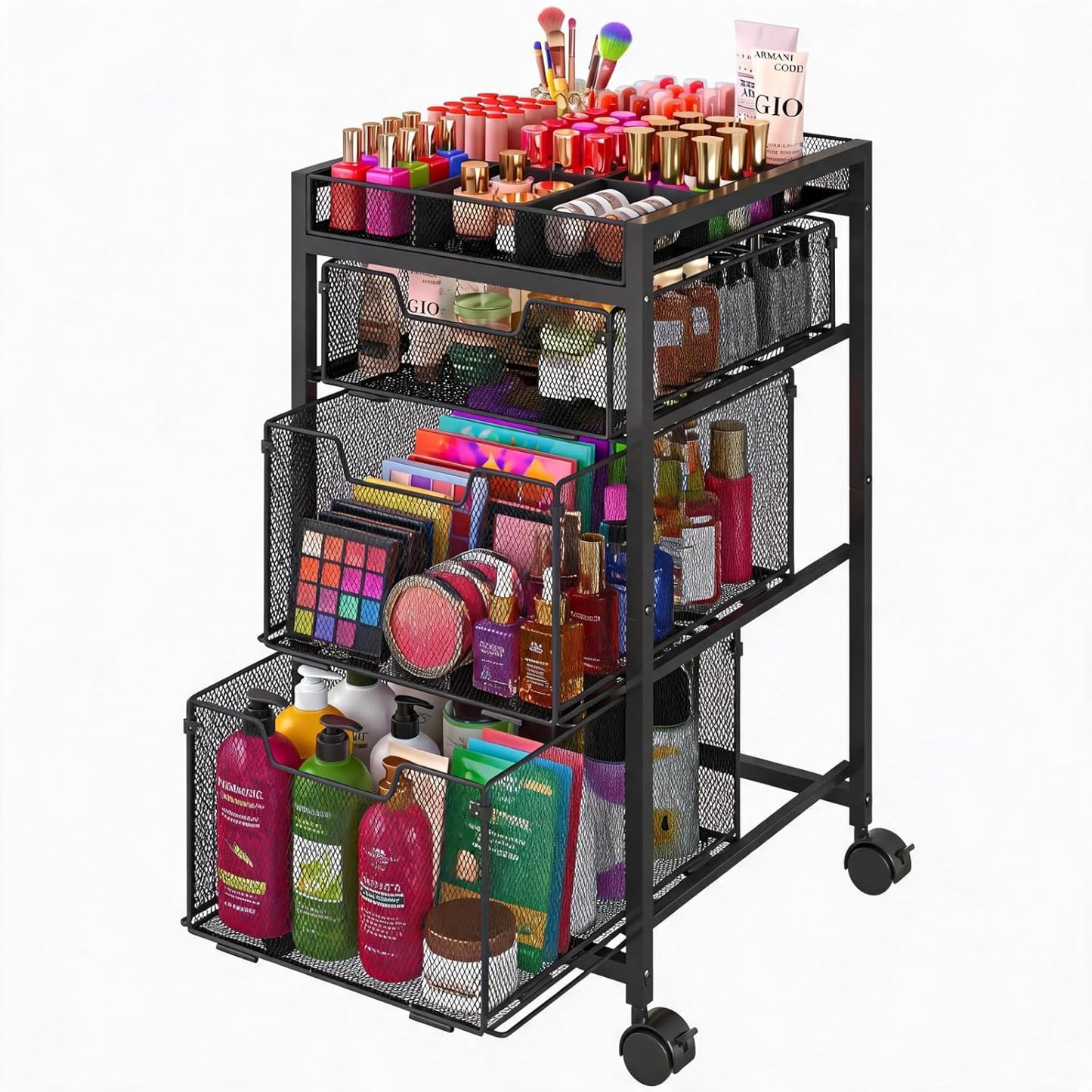Rolling Makeup Cart Organizer - 3 Drawer Cosmetics Storage with Wheels | Versatile Vanity Organizer for Skincare & Beauty Tools - Black