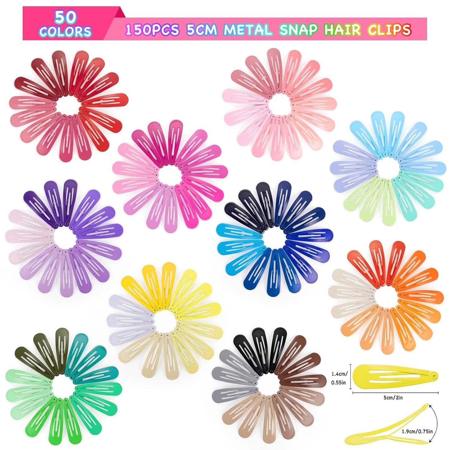 Colorful Snap Hair Clips - 150 Pcs in 50 Colors | 2-Inch Non-Slip Barrettes for Girls & Women with Storage Case