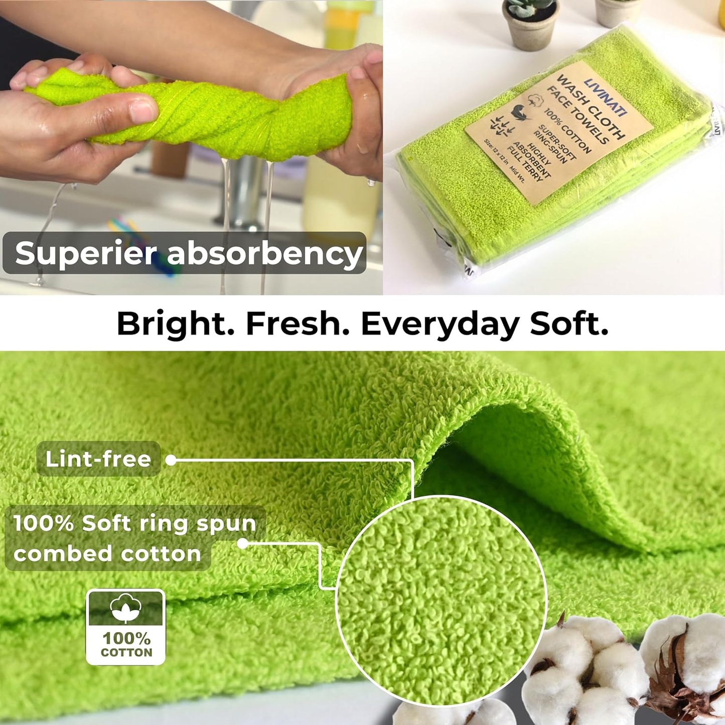 Lemon Lime 100% Cotton Wash Cloths - Soft Absorbent Terry Towels | 12"x12" | 6 Pack for Adults & Kids