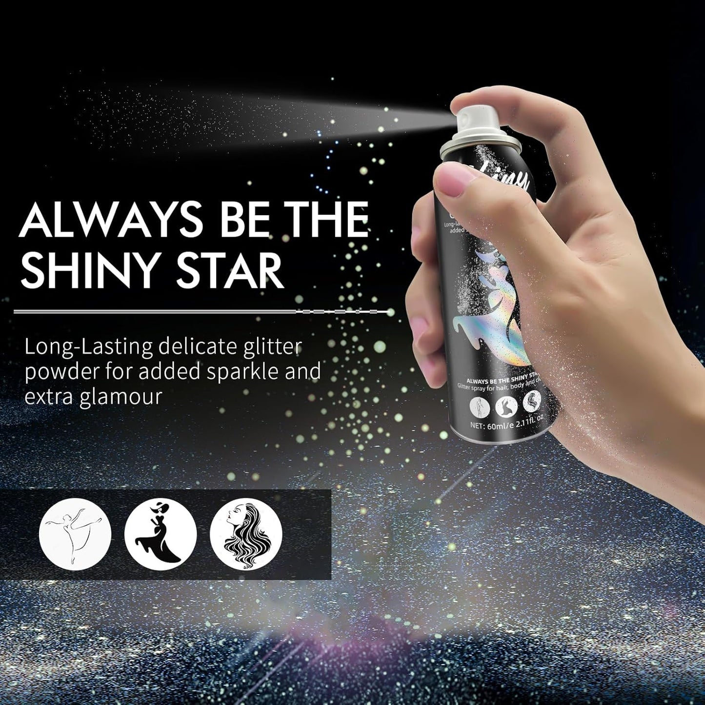Body Glitter Spray - Long-Lasting Silver Glitter for Hair & Body | Quick-Drying 2.11 Fl Oz for Festivals & Raves