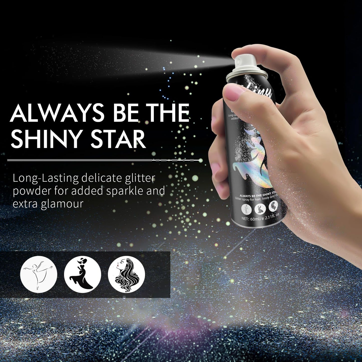 Ragkun Body Glitter, Body Glitter Spray, Glitter Spray for Hair and Body, Long-Lasting and Quick-Drying Silver Glitter Hairspray Suitable for Stage, Festival Rave and Makeup Prom (2.11 Fl Oz)