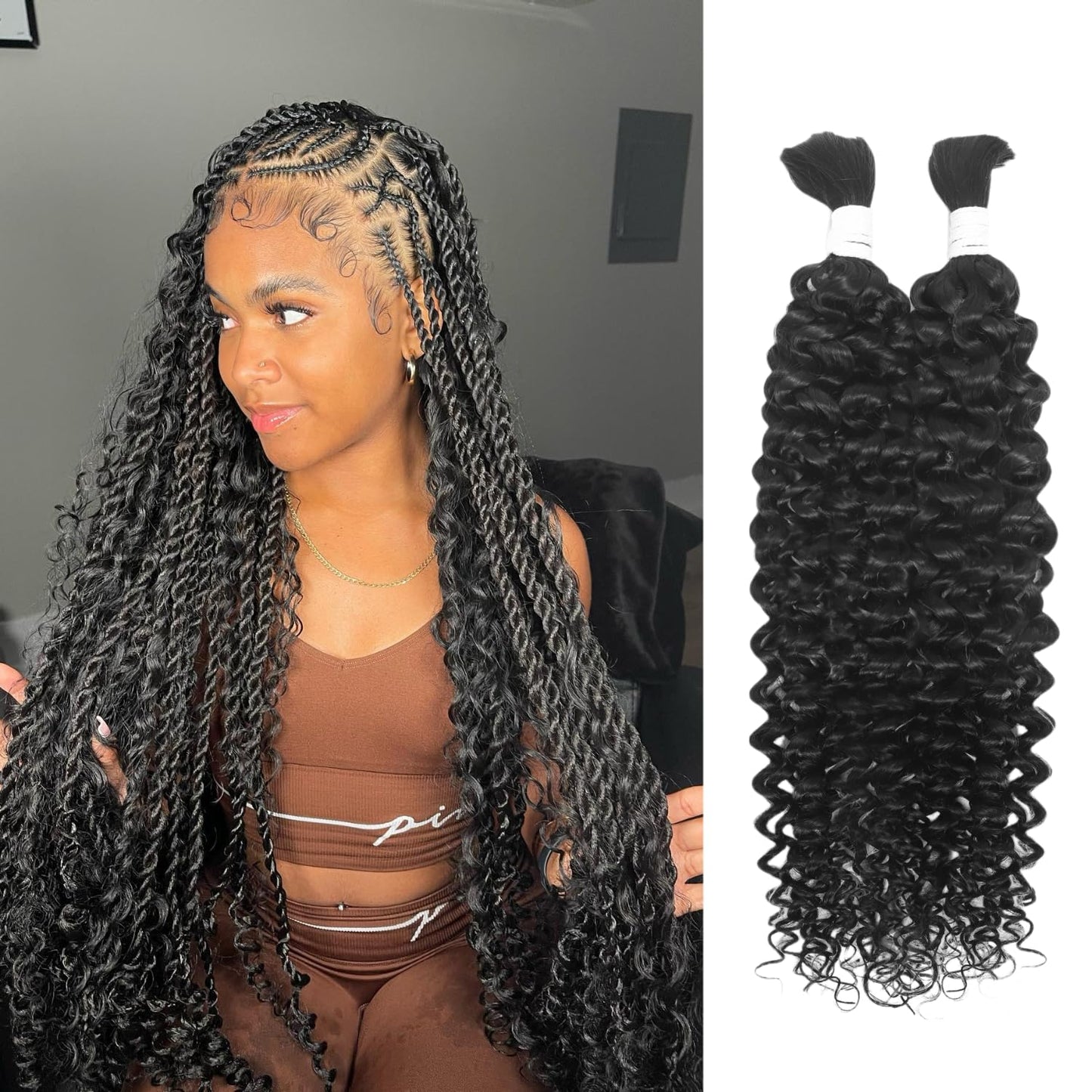 Human Braiding Hair for Boho Braids 2 Bundles 100g 22Inch Water Wave Human Hair Braiding Hair 12A Brazilian Virgin No Weft Hair Extensions for Bohemian Knotless Braids Bulk Human Hair for Braiding