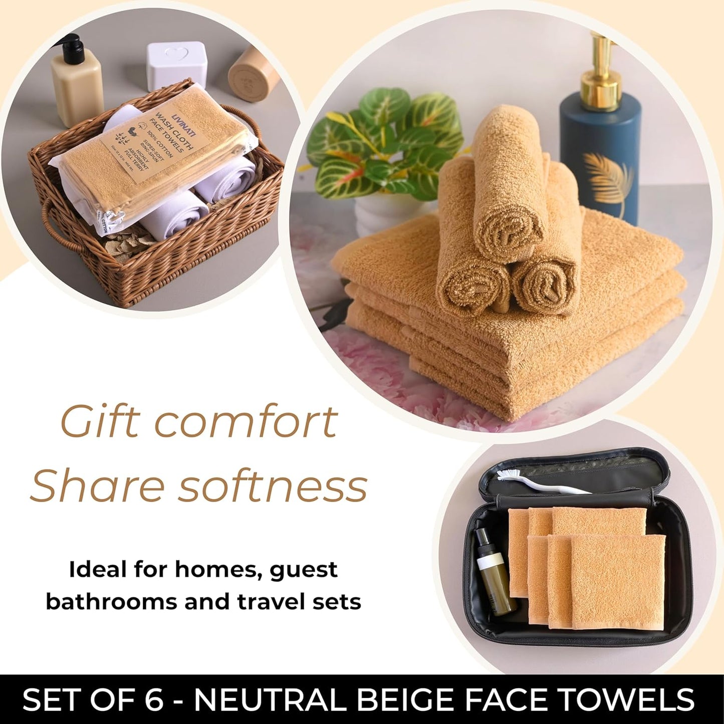 100% Cotton Wash Cloths - Soft Absorbent Shower & Face Towels | 12" x 12" | 6-Pack for Adults & Kids