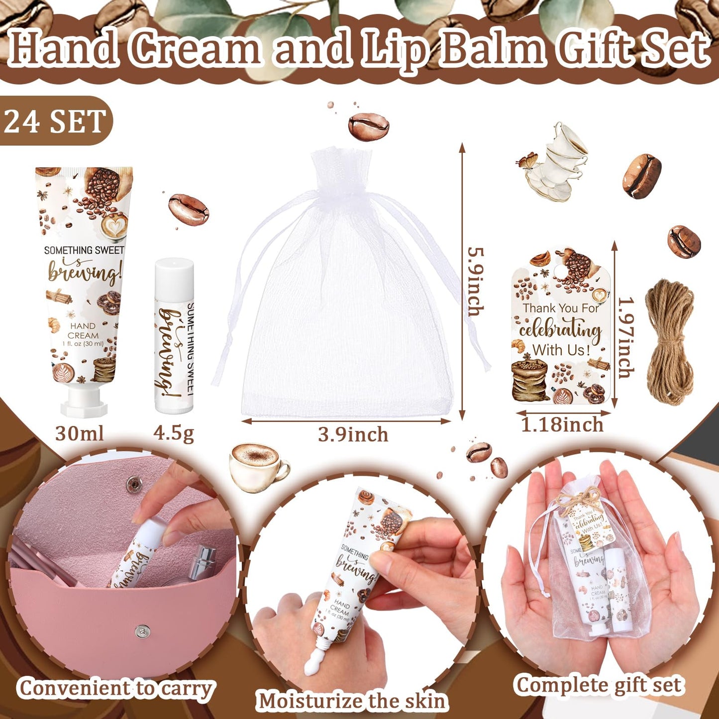 Dansib 24 Sets Coffee Themed Baby Shower Hand Cream and Lip Balm Gift, Something Sweet Is Brewing Baby Shower Party Favors for Guest Travel Size Hand Lotion and Lip Balm Bulk Birthday Party Supplies